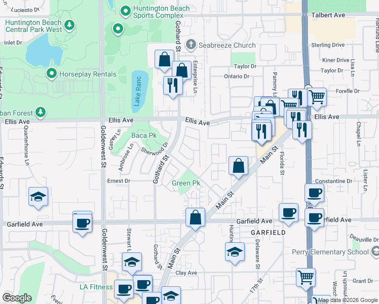 map of restaurants, bars, coffee shops, grocery stores, and more near 7426 Marisa Drive in Huntington Beach