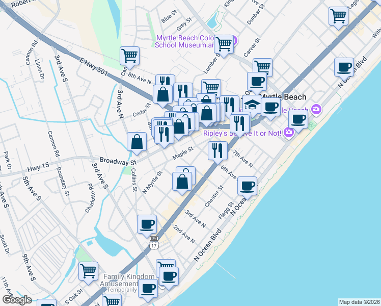map of restaurants, bars, coffee shops, grocery stores, and more near 508 Maple Street in Myrtle Beach