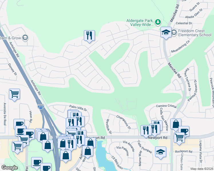map of restaurants, bars, coffee shops, grocery stores, and more near 29557 Warmsprings Drive in Menifee