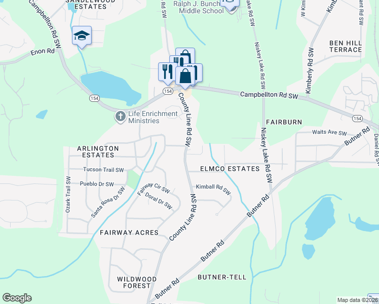 map of restaurants, bars, coffee shops, grocery stores, and more near 2334 County Line Road Southwest in Atlanta