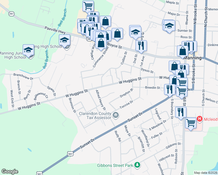 map of restaurants, bars, coffee shops, grocery stores, and more near 420 West Huggins Street in Manning