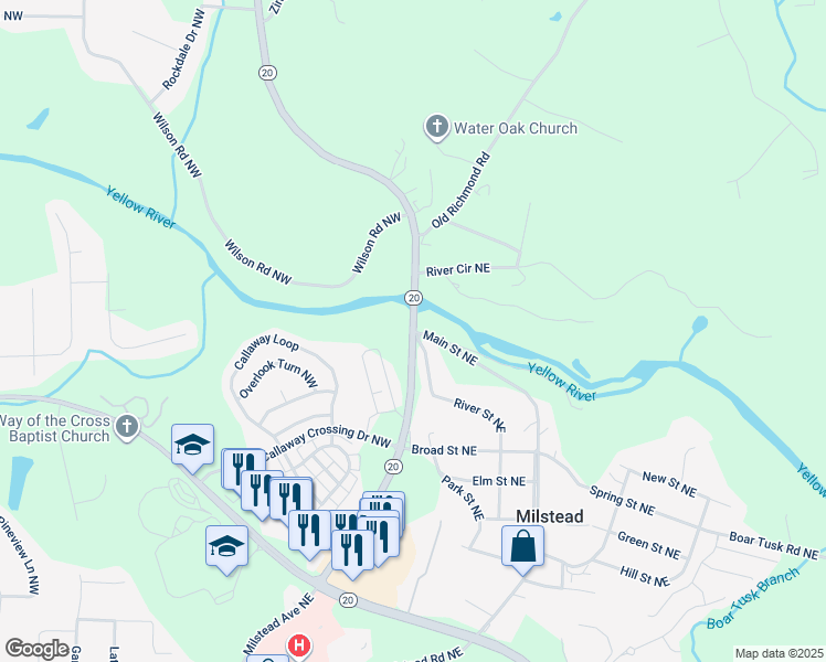 map of restaurants, bars, coffee shops, grocery stores, and more near 1939 Georgia 20 in Conyers