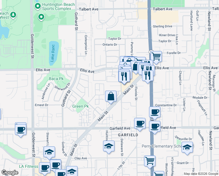 map of restaurants, bars, coffee shops, grocery stores, and more near 7642 Amberleaf Circle in Huntington Beach