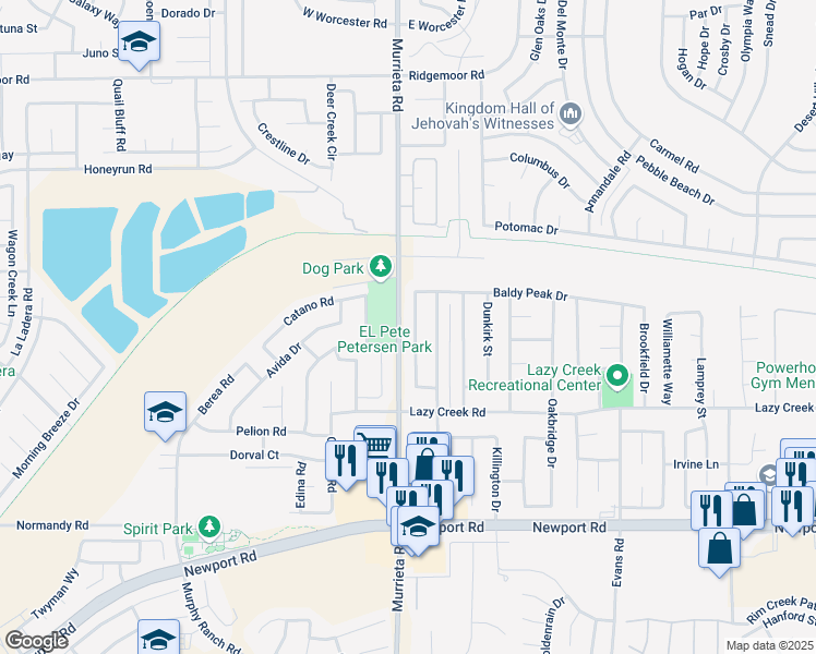 map of restaurants, bars, coffee shops, grocery stores, and more near 29595 Mount Bachelor Way in Menifee