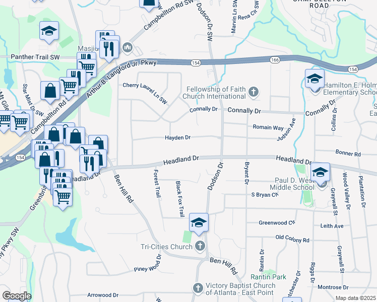 map of restaurants, bars, coffee shops, grocery stores, and more near 2695 Headland Dr in Atlanta