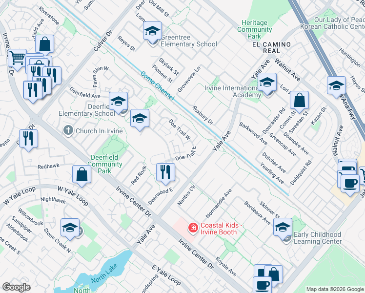 map of restaurants, bars, coffee shops, grocery stores, and more near 34 Snapdragon in Irvine
