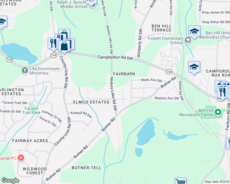 map of restaurants, bars, coffee shops, grocery stores, and more near 2315 Niskey Lake Road Southwest in Atlanta