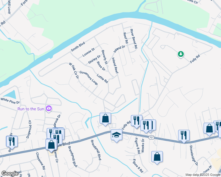 map of restaurants, bars, coffee shops, grocery stores, and more near 602 Luttie Road in Myrtle Beach