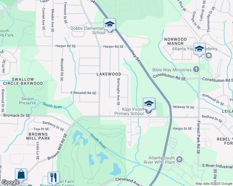 map of restaurants, bars, coffee shops, grocery stores, and more near 2293 Burroughs Avenue Southeast in Atlanta