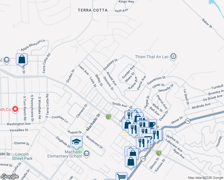 map of restaurants, bars, coffee shops, grocery stores, and more near Stevens Avenue in Lake Elsinore