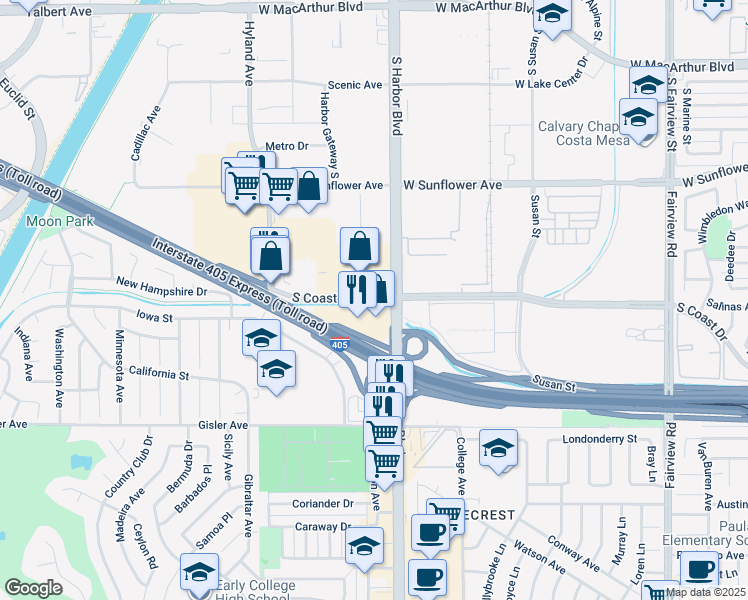 map of restaurants, bars, coffee shops, grocery stores, and more near 1503 South Coast Drive in Costa Mesa