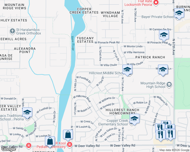 map of restaurants, bars, coffee shops, grocery stores, and more near 7390 West Foothill Drive in Glendale