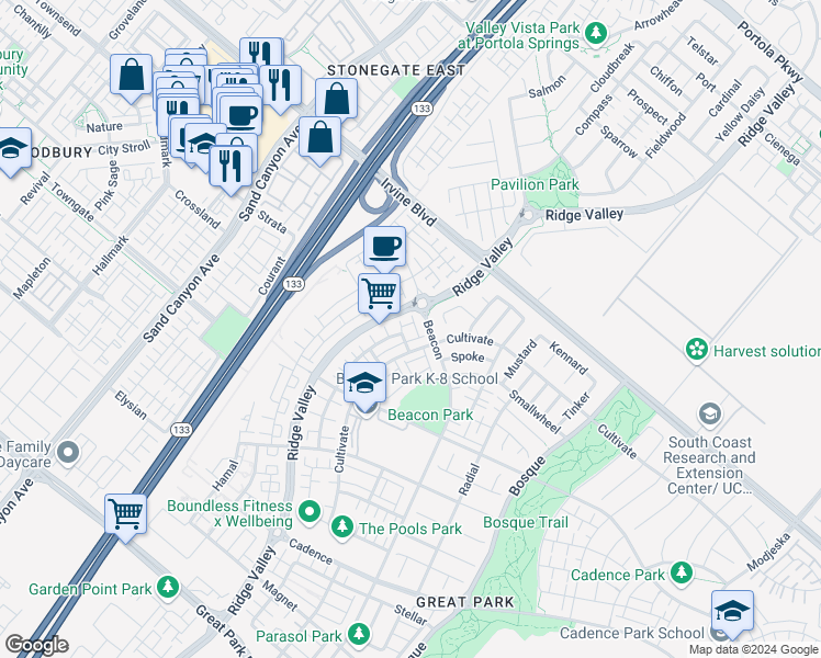 map of restaurants, bars, coffee shops, grocery stores, and more near 265 Follyhatch in Irvine