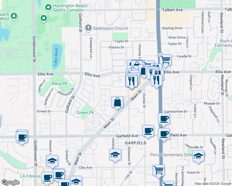 map of restaurants, bars, coffee shops, grocery stores, and more near 7642 Amberleaf Circle in Huntington Beach