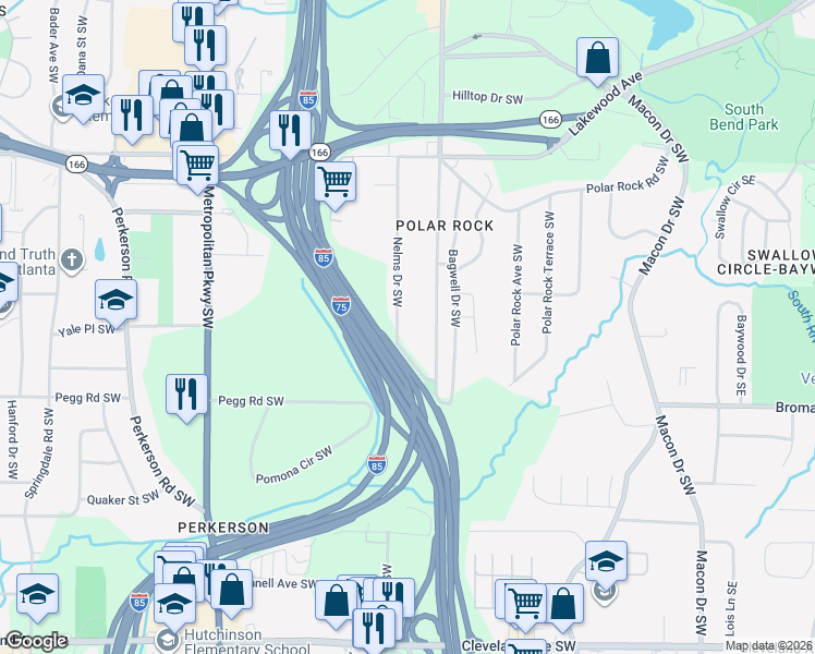 map of restaurants, bars, coffee shops, grocery stores, and more near 2308 Nelms Drive Southwest in Atlanta