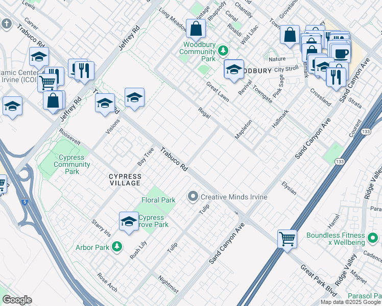 map of restaurants, bars, coffee shops, grocery stores, and more near 3 Conifer in Irvine