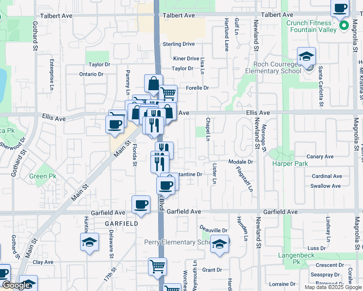 map of restaurants, bars, coffee shops, grocery stores, and more near 18672 Libra Circle in Huntington Beach