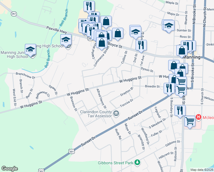 map of restaurants, bars, coffee shops, grocery stores, and more near 420 West Huggins Street in Manning