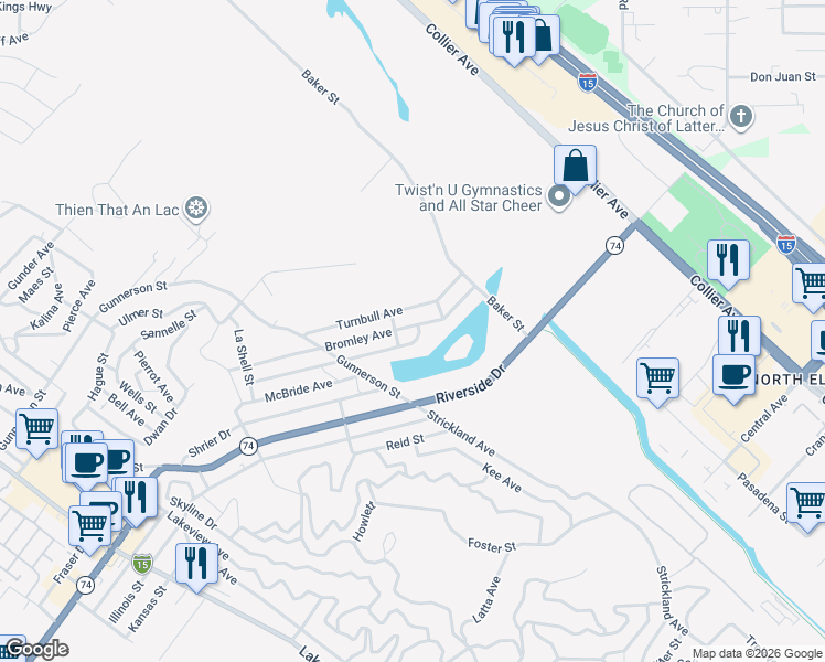 map of restaurants, bars, coffee shops, grocery stores, and more near 17501 Bromley Avenue in Lake Elsinore