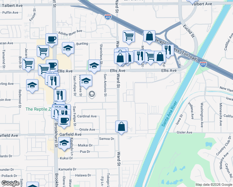 map of restaurants, bars, coffee shops, grocery stores, and more near 10485 Parakeet Circle in Fountain Valley