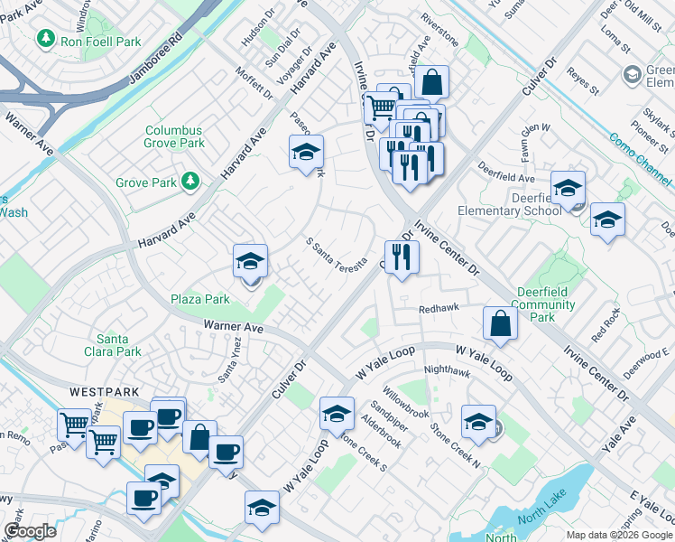 map of restaurants, bars, coffee shops, grocery stores, and more near 11 Avignon in Irvine