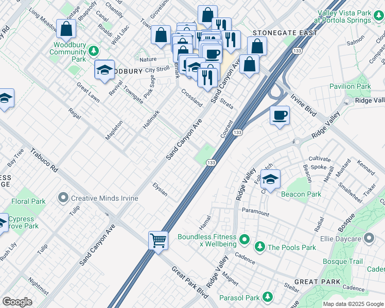 map of restaurants, bars, coffee shops, grocery stores, and more near 21 Crosspointe in Irvine