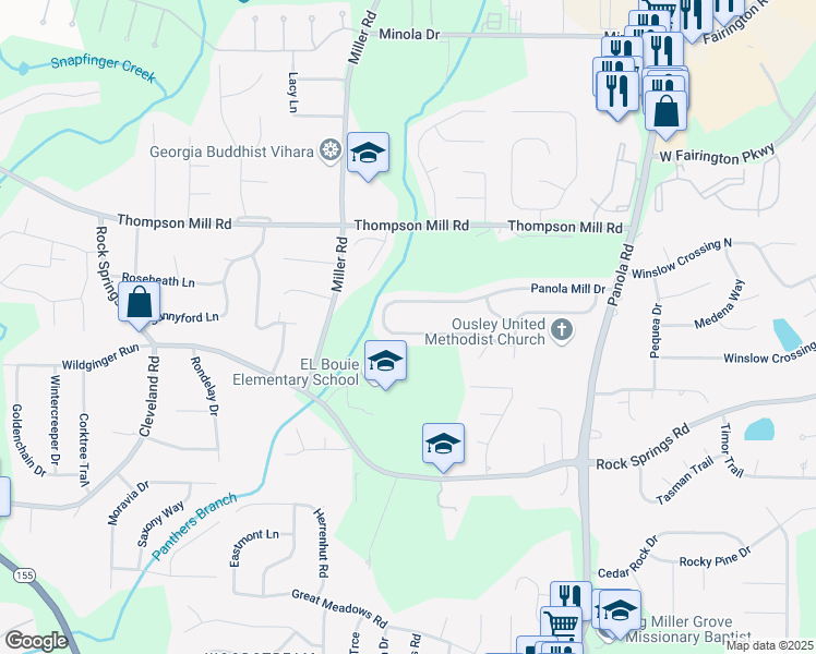 map of restaurants, bars, coffee shops, grocery stores, and more near 4995 Panola Mill Drive in Stonecrest