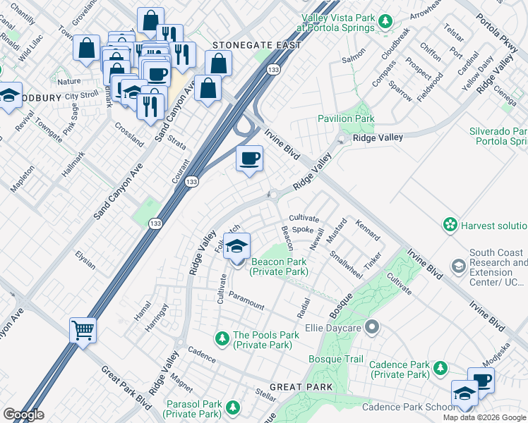 map of restaurants, bars, coffee shops, grocery stores, and more near 261 Follyhatch in Irvine