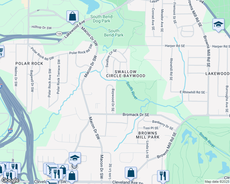 map of restaurants, bars, coffee shops, grocery stores, and more near 2326 Baywood Drive Southeast in Atlanta
