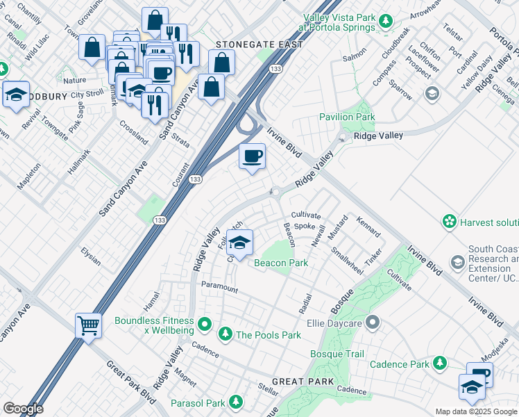 map of restaurants, bars, coffee shops, grocery stores, and more near 245 Follyhatch in Irvine
