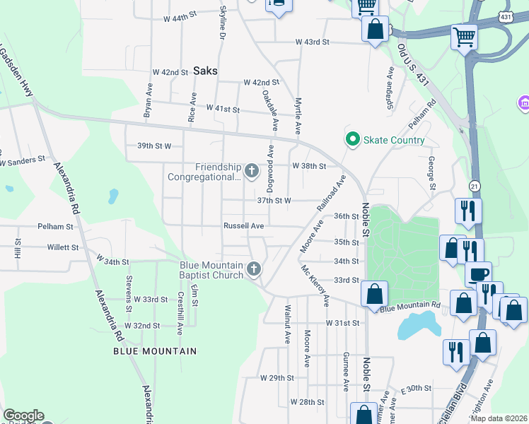 map of restaurants, bars, coffee shops, grocery stores, and more near 304 Dogwood Avenue in Anniston