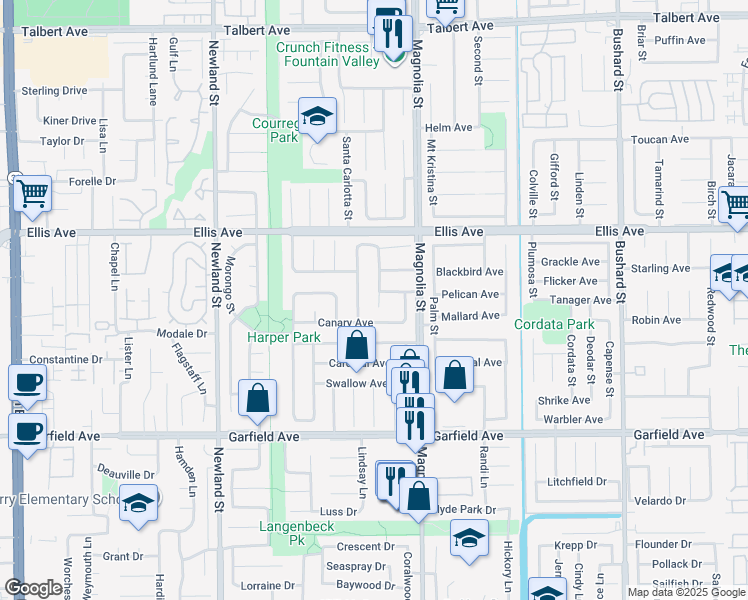 map of restaurants, bars, coffee shops, grocery stores, and more near 18673 Santa Ramona Street in Fountain Valley