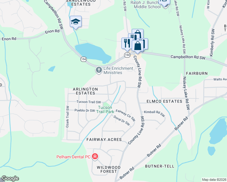 map of restaurants, bars, coffee shops, grocery stores, and more near 2324 Colorado Trail Southwest in Atlanta