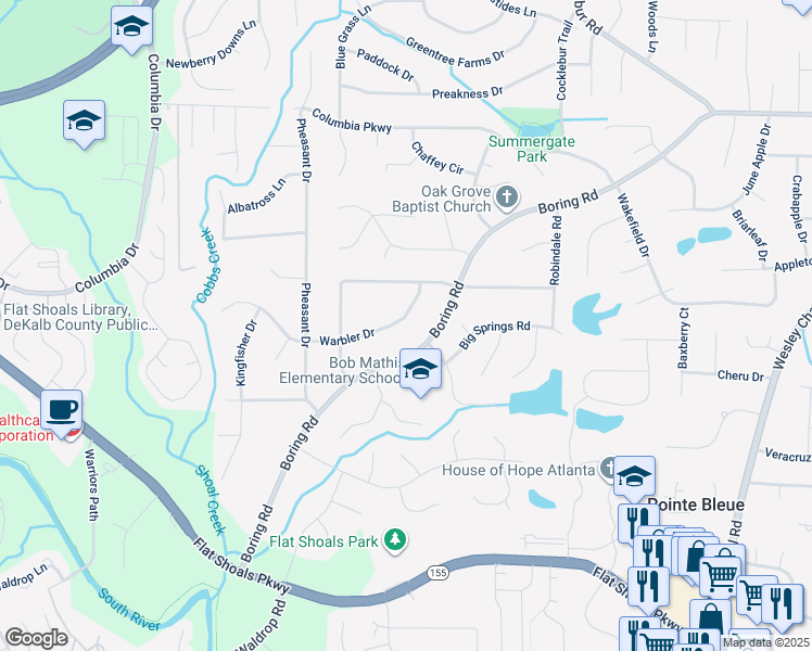 map of restaurants, bars, coffee shops, grocery stores, and more near 3593 Warbler Drive in Decatur