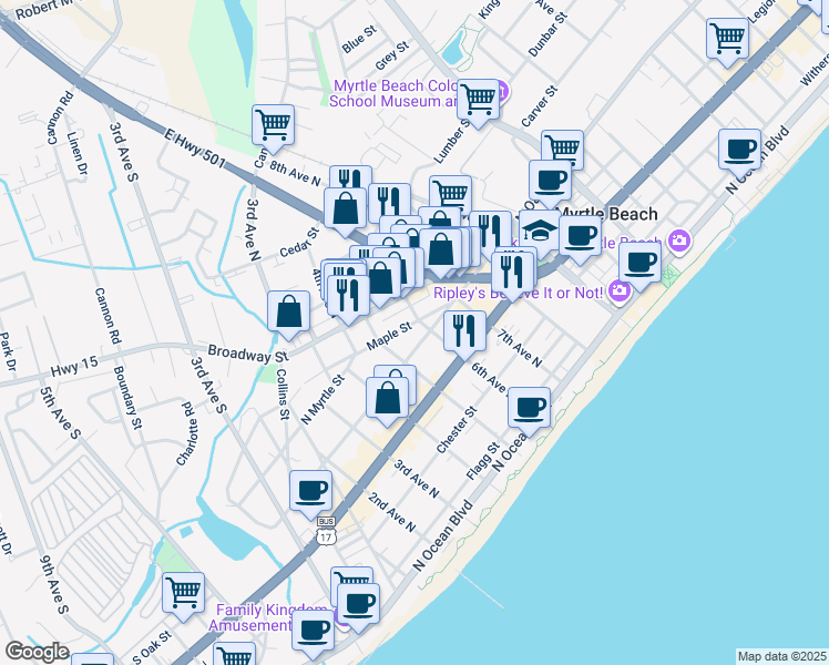 map of restaurants, bars, coffee shops, grocery stores, and more near 707 6th Avenue North in Myrtle Beach
