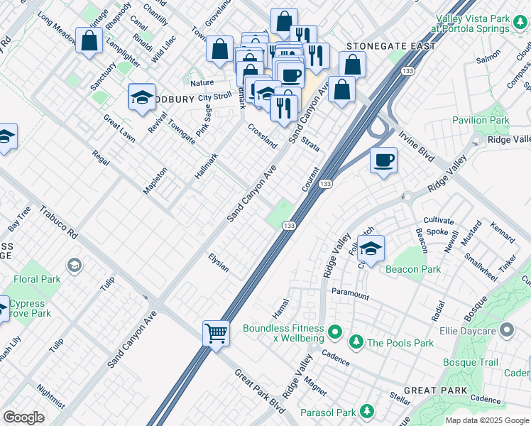 map of restaurants, bars, coffee shops, grocery stores, and more near 23 Crosspointe in Irvine