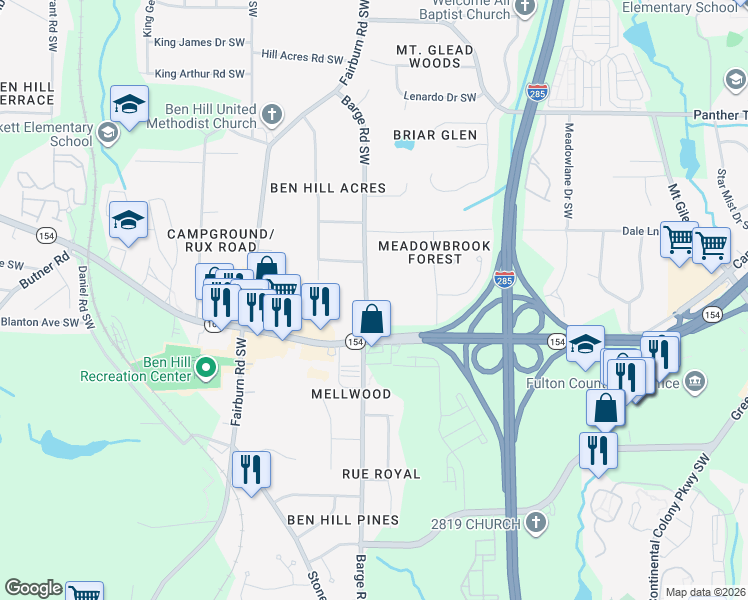 map of restaurants, bars, coffee shops, grocery stores, and more near 2360 Barge Road Southwest in Atlanta