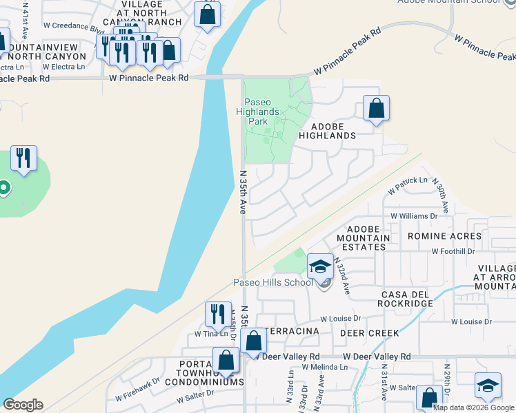 map of restaurants, bars, coffee shops, grocery stores, and more near 22623 North Hance Boulevard in Phoenix