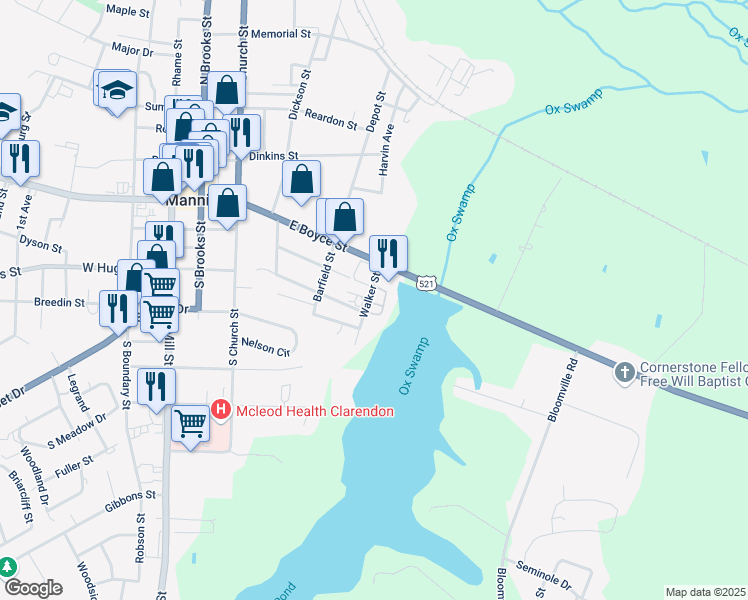 map of restaurants, bars, coffee shops, grocery stores, and more near 45 Walker Street in Manning