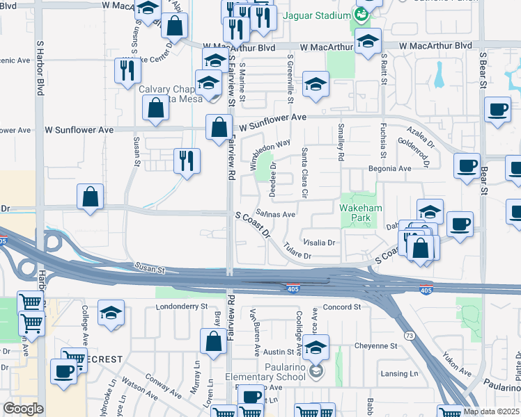 map of restaurants, bars, coffee shops, grocery stores, and more near 1152 Salinas Avenue in Costa Mesa