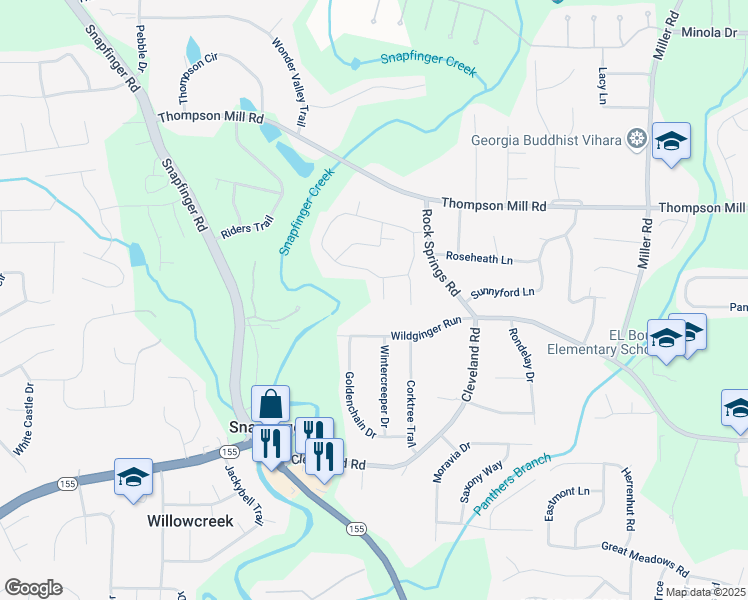 map of restaurants, bars, coffee shops, grocery stores, and more near 3152 Meadow Glade Court in Stonecrest