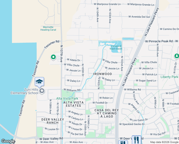 map of restaurants, bars, coffee shops, grocery stores, and more near 10402 West Daley Lane in Peoria