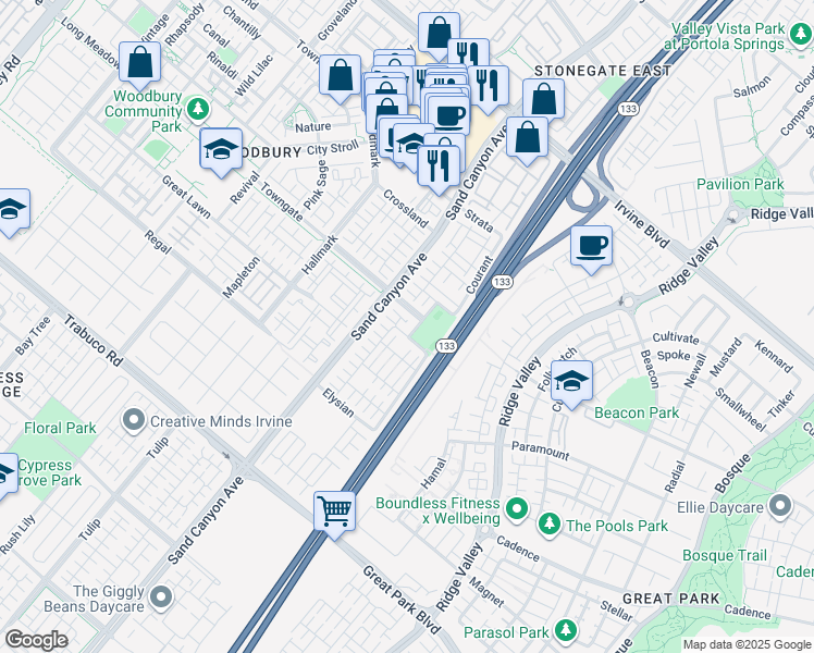 map of restaurants, bars, coffee shops, grocery stores, and more near 21 Crosspointe in Irvine