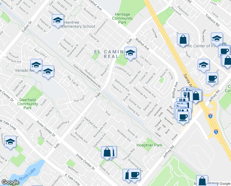 map of restaurants, bars, coffee shops, grocery stores, and more near 4922 Flagstar Circle in Irvine