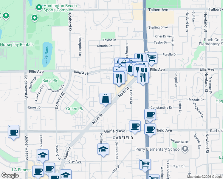 map of restaurants, bars, coffee shops, grocery stores, and more near 7662 Amberleaf Circle in Huntington Beach
