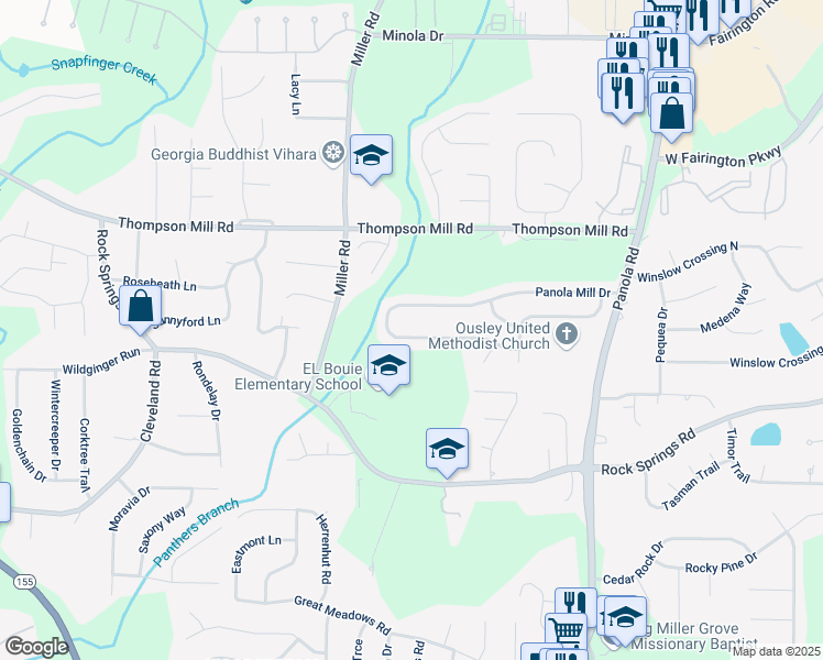 map of restaurants, bars, coffee shops, grocery stores, and more near 4995 Panola Mill Drive in Stonecrest