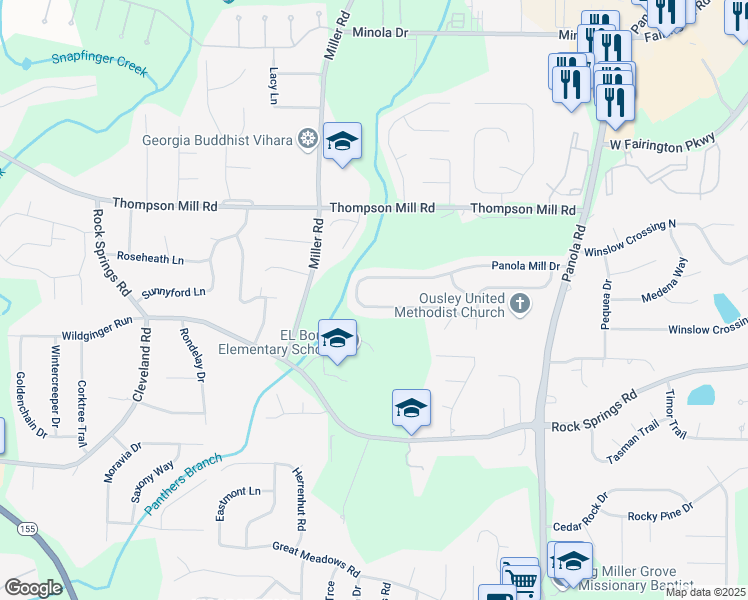 map of restaurants, bars, coffee shops, grocery stores, and more near 5001 Panola Mill Drive in Stonecrest