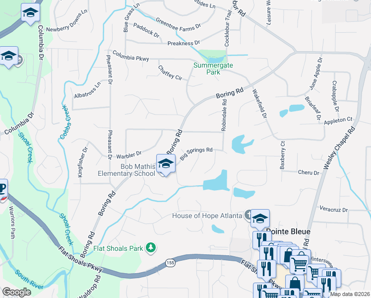 map of restaurants, bars, coffee shops, grocery stores, and more near 3663 Big Springs Road in Decatur