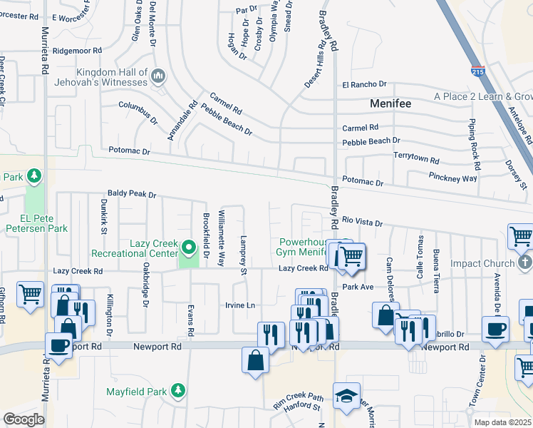 map of restaurants, bars, coffee shops, grocery stores, and more near Boynton Lane in Menifee