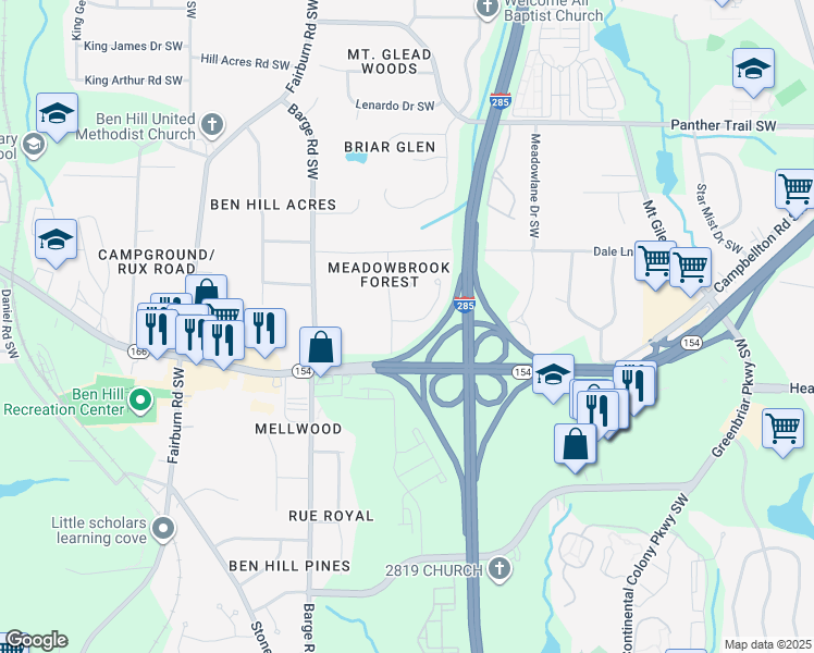 map of restaurants, bars, coffee shops, grocery stores, and more near 3478 Meadowland Place Southwest in Atlanta